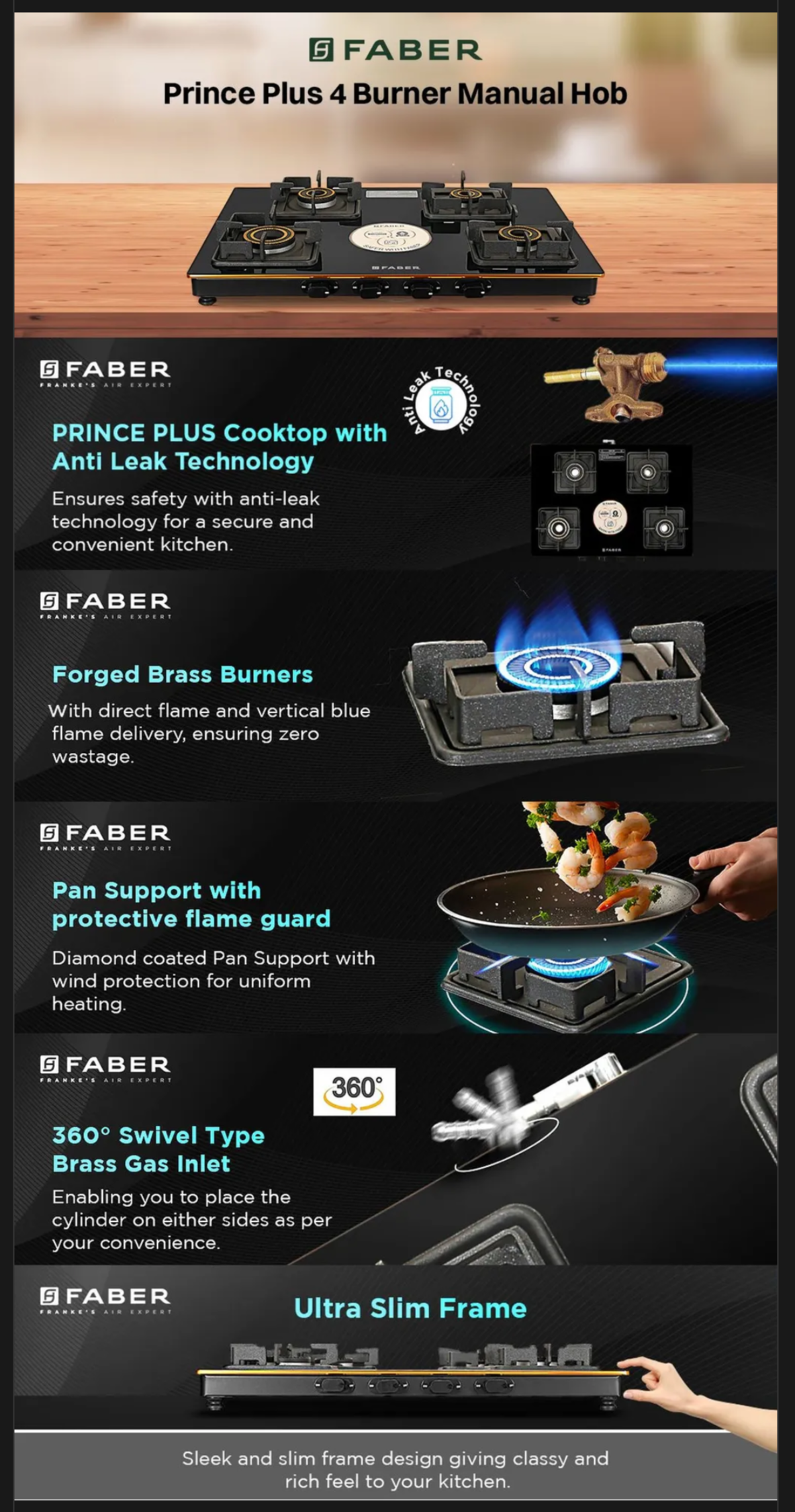 FABER PRINCE PLUS 4BB BK Glass Top 4 Burner Manual Hob (PRINCEPLUS4BBBK)