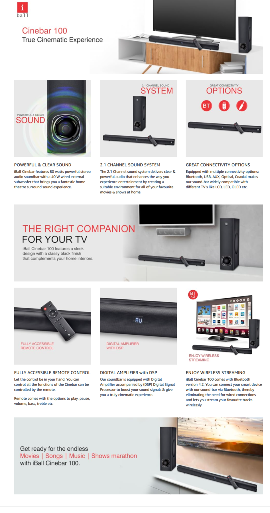 IBall Cinebar 100 80 Watt 2.1 Channel Wired Soundbar (IBALLSBCINEBAR100)