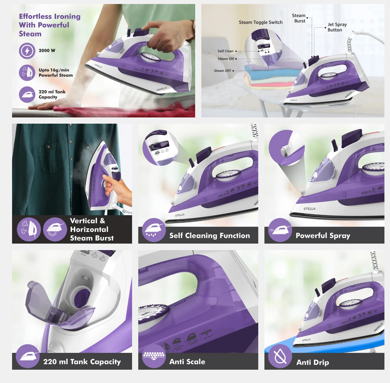 Havells STELLA 2000 W Steam Iron With Protection Class IPXO (STELLA2000WSI)