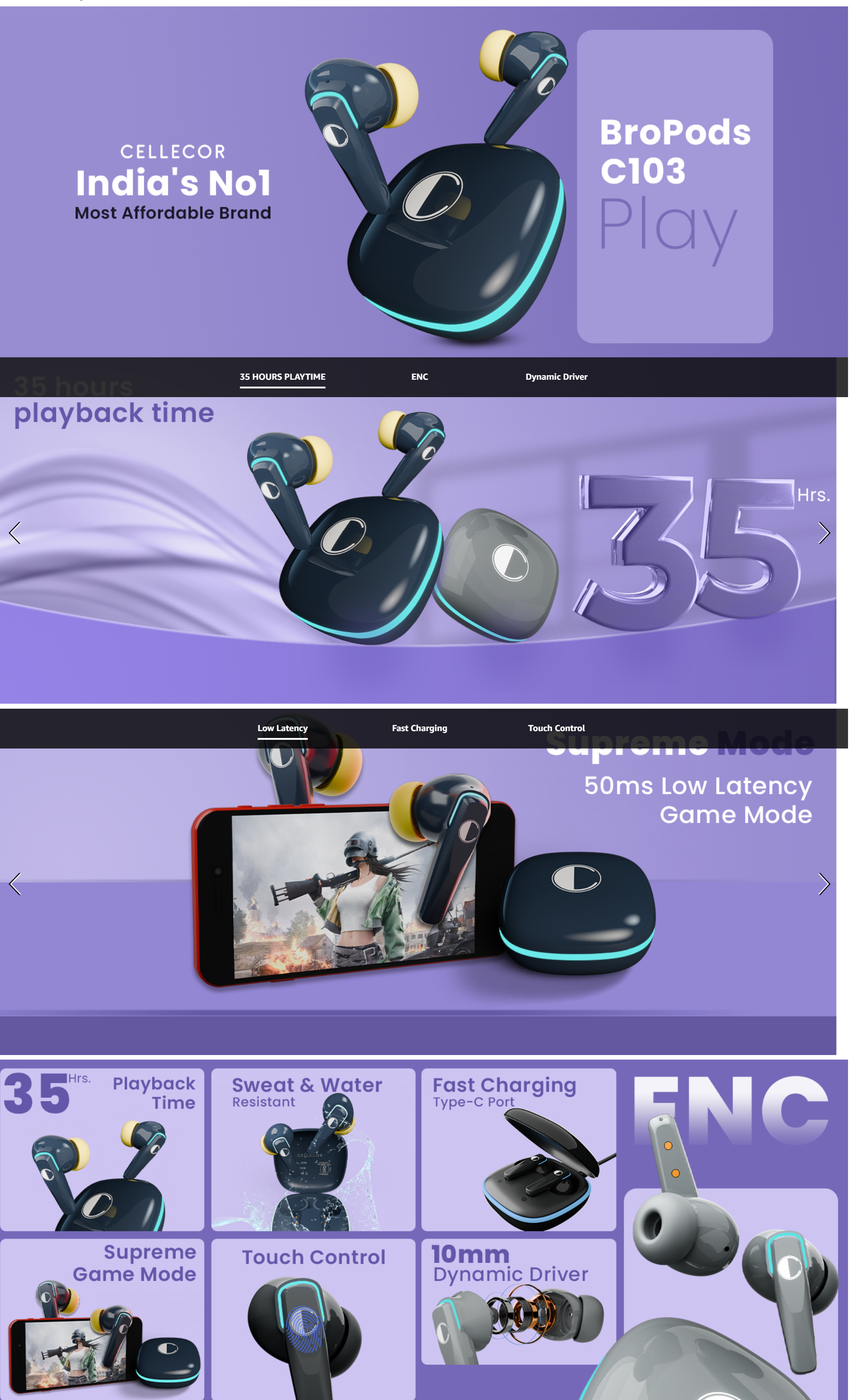 CELLECOR BROPODS C103 TWS in-Ear Earbuds with 35 Hrs Playtime, Noise Cancellation, Auto-Connect (CELLEBC103)