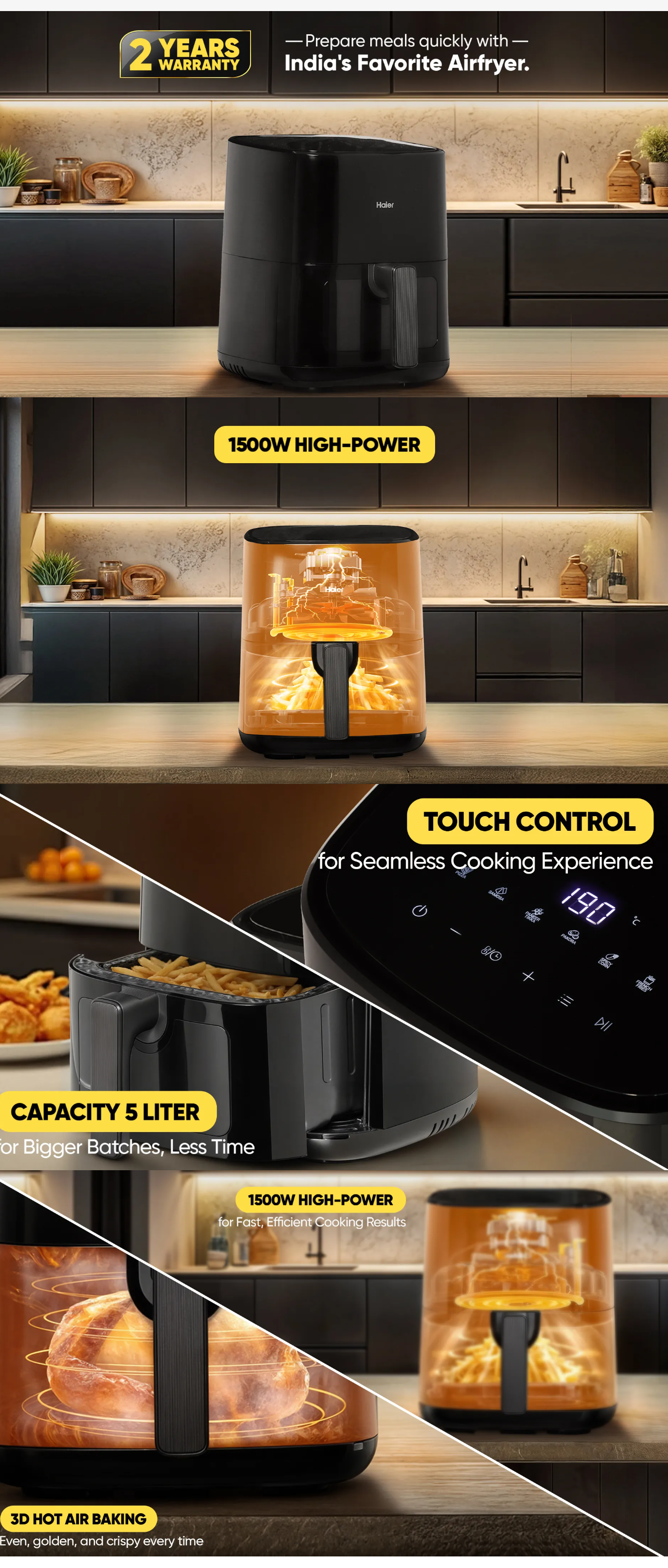 Haier Air Fryer 5 Litre Digital Control 1500 Watts Powerful Heating (HAFD503B)