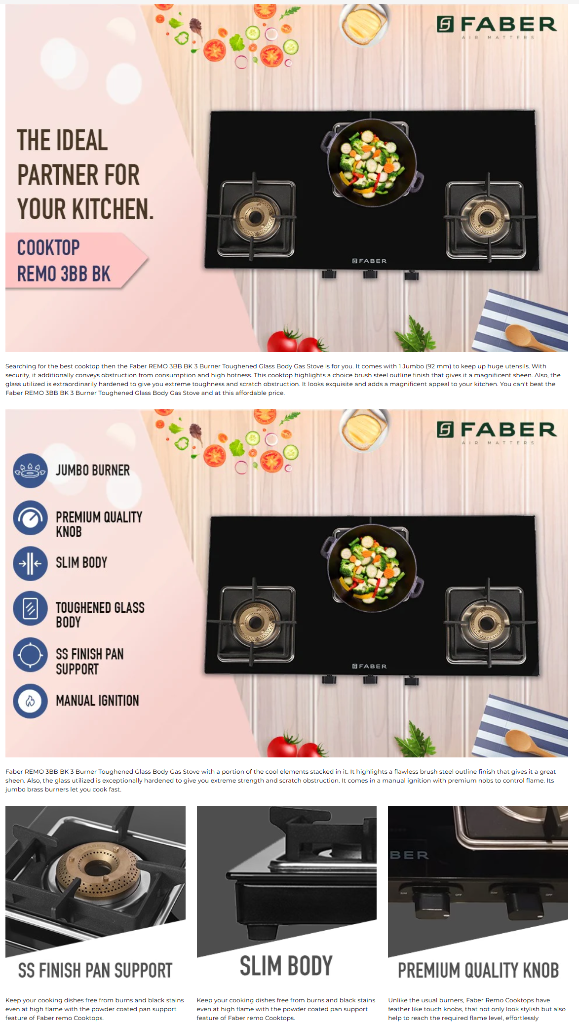 Faber Remo 3BB BK Toughened Glass Top 3 Burner Manual Gas Stove (Premium Quality Knob, Black, REMO3BBBK)
