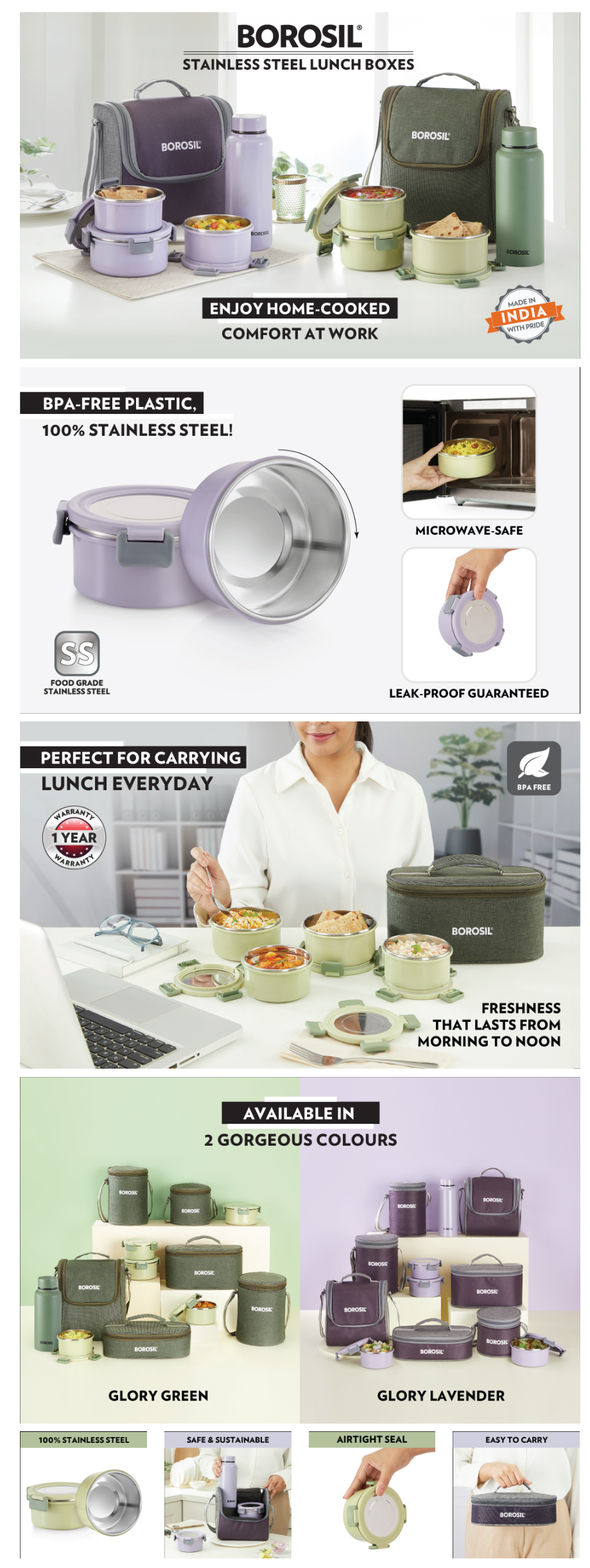 Borosil Glory Stainless Steel Lunchbox with Bag, Set of 2 (280ml Each) (BRSLBSSGLORY2SET280)