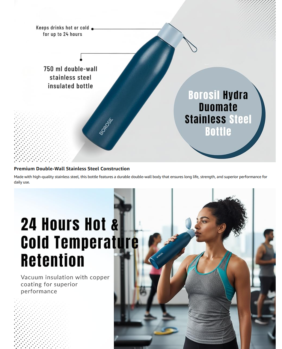Borosil Hydra 750ml Duomate Blue Stainless Steel Bottle (BRSBDUOMATE750ML)