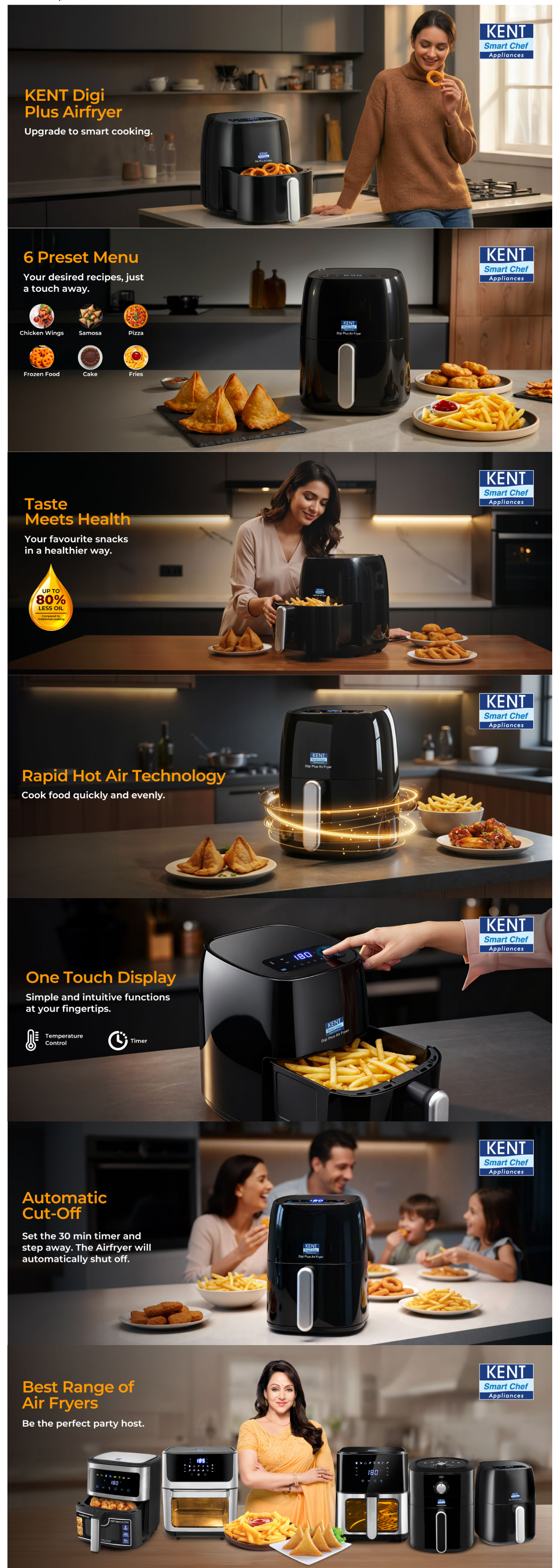 Kent Digi Plus Air Fryer 4L Capacity & 1300W (Digital Display & Touch Control Panel, DIGIPLUS4L)