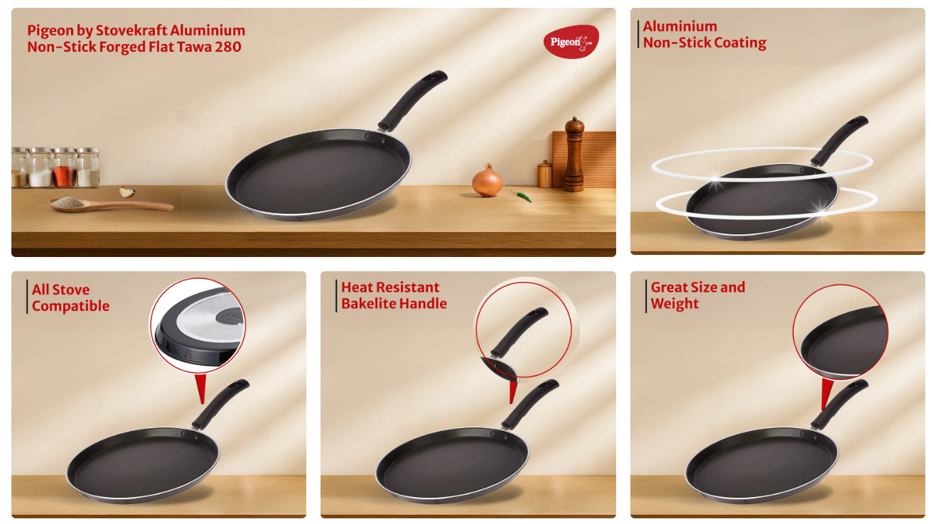 Pigeon Aluminium Non-Stick Forged Flat Tawa 280 (Black, 26 cm, PGNSFLATTAWA280MM)