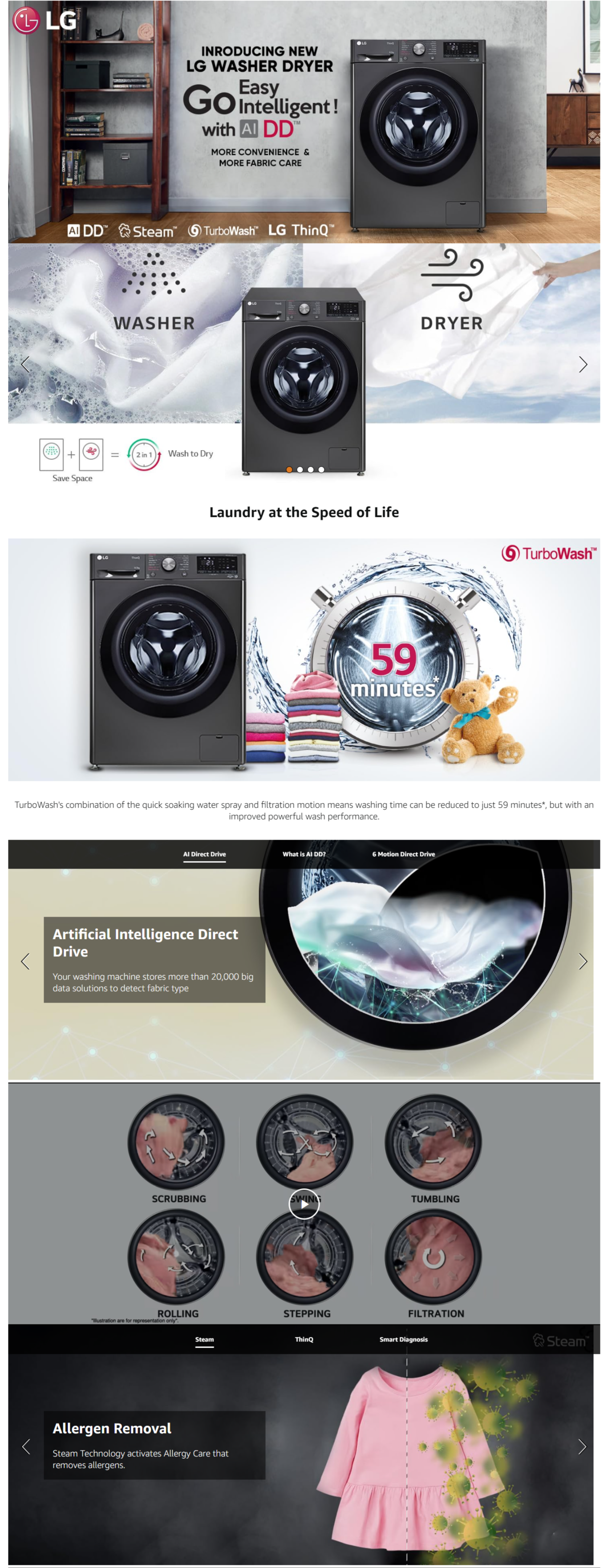 LG Smart Choice,11 Kg (Wash)/7 Kg (Dry), AI Direct Drive Technology, Steam, 6 Motion DD & Wi-Fi Front Load Fully Automatic Washer Dryer (FHD1107SWM)