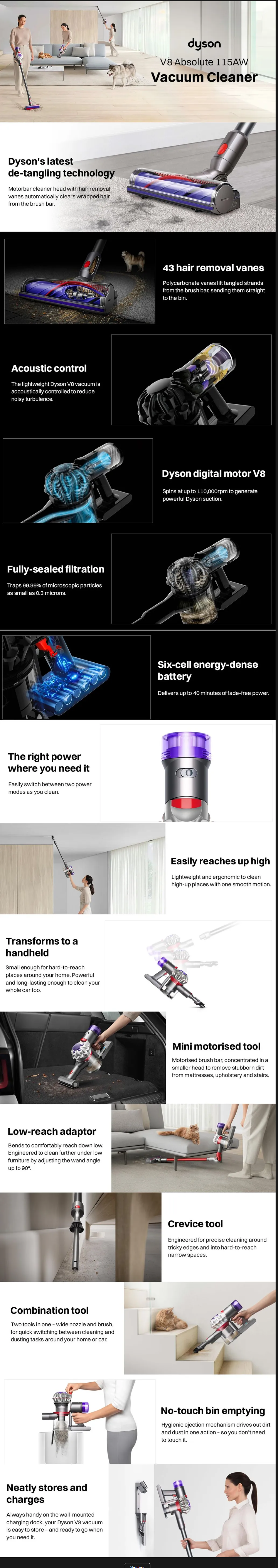 Dyson V8 Absolute 115W Cordless Dry Vacuum Cleaner with De-tangling Technology (DYSV25V8)
