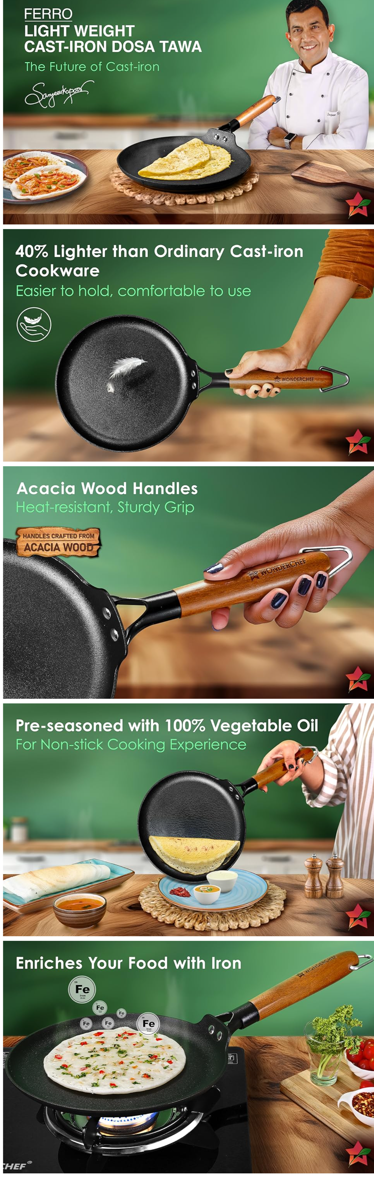 Wonderchef Ferro Light-Weight Cast-Iron Dosa Tawa  28cm Pre-Seasoned with 100% Vegetable Oil (WCIDTFERROCAST28CM)