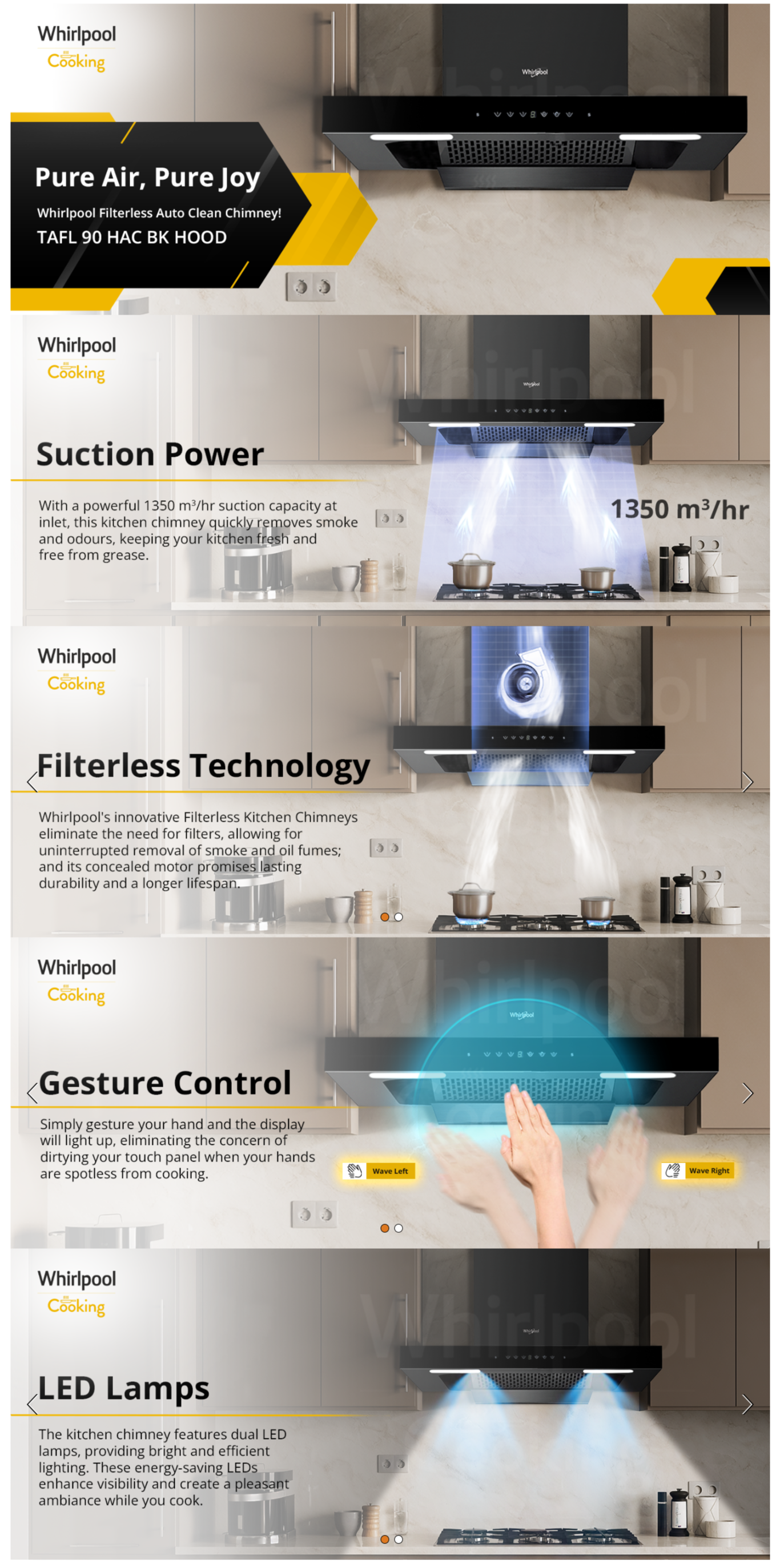 Whirlpool 90cm Filterless Auto Clean Kitchen Chimney (TAFL90HACBK)