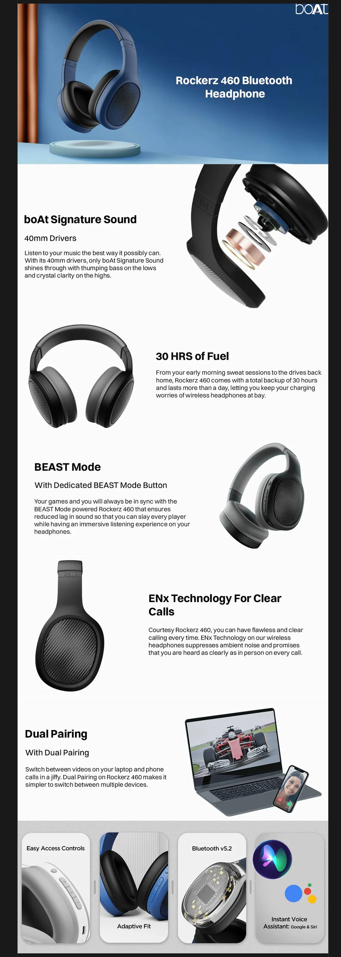 Boat Rockerz 460 Bluetooth Headphone with Mic (Dual Pairing, Over Ear, BOATROCKERZ460)