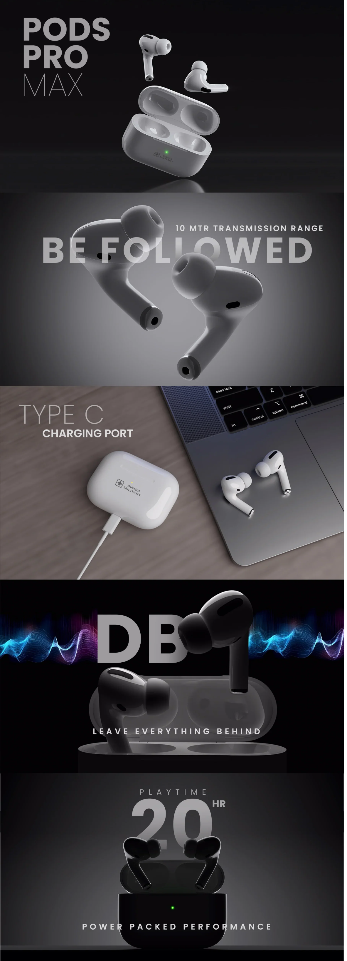 Swiss Military Pods Pro Max Wireless Earbud (White, In the Ear, SMEBPODSPROMAX)