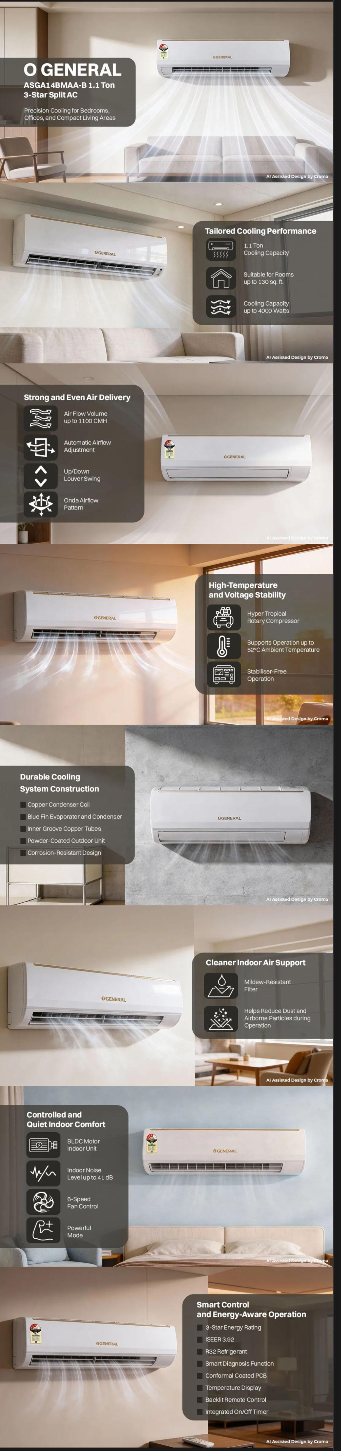 O GENERAL BMA Series 1.1 Ton 2 Star Split AC (1.1TASGA14BMAAB2SIU)