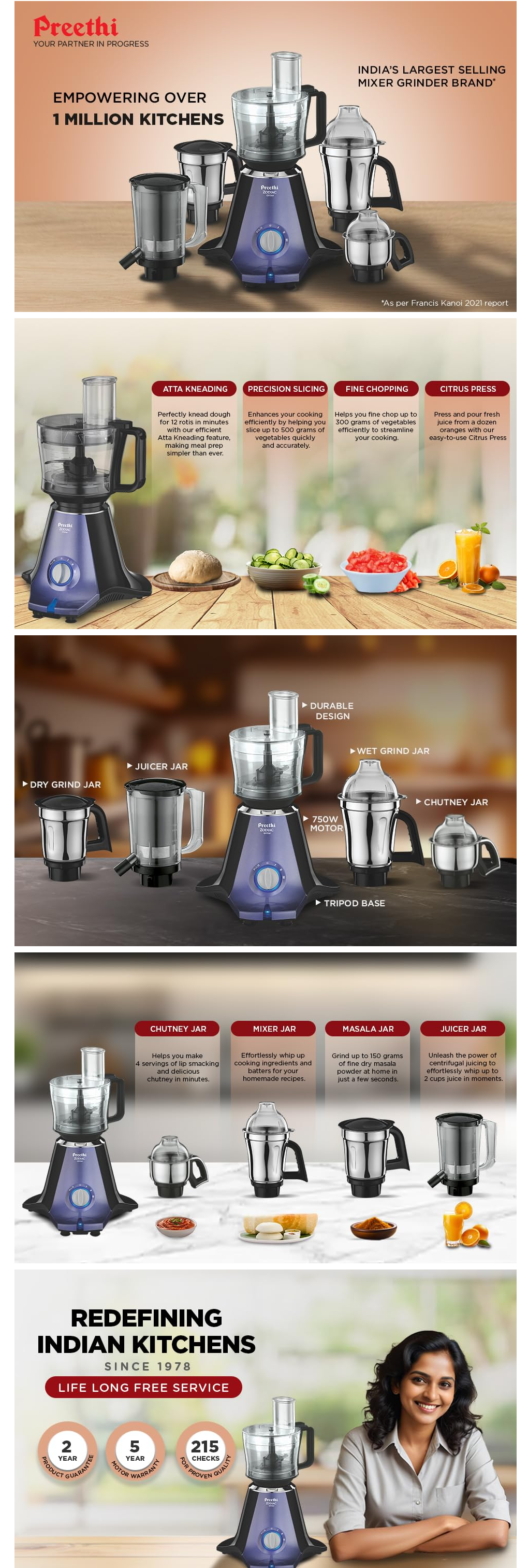 Preethi Zodiac Glitter MG 264 750 Watt Mixer Grinder (5 Jars, Lavender/Black, ZODIACGLITTER)