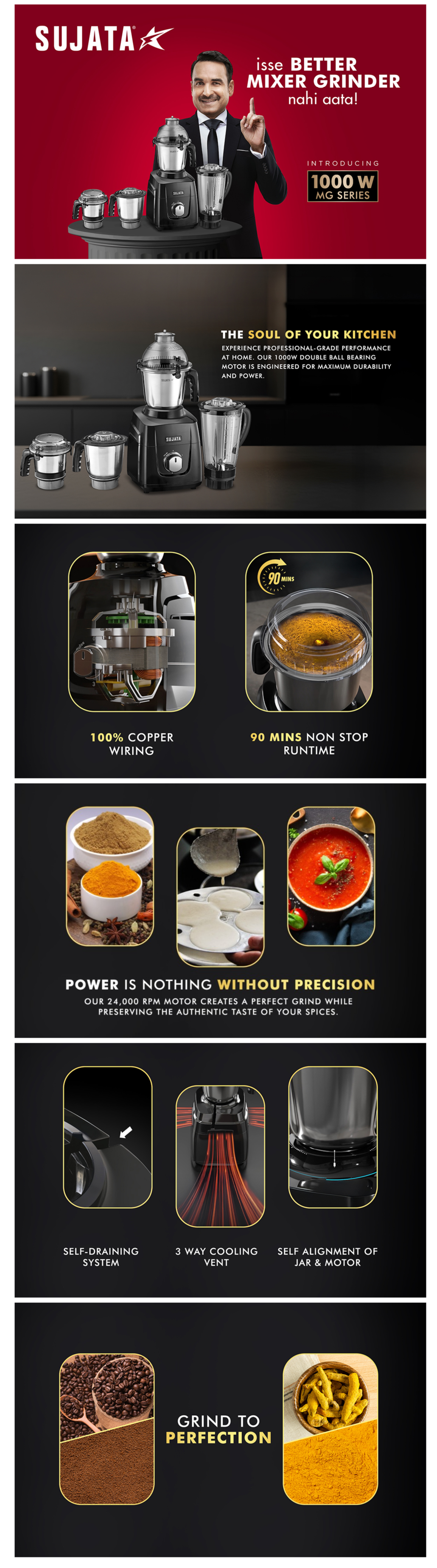 Sujata MG03 1000 Watts Mixer Grinder,Black (SUJATAMG031000W4JAR)