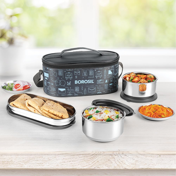 Borosil Carry Fresh Round Stainless Steel Lunchbox, Set of 3 (280ml x 2 + 475 ml x 1) (Silver, BRSLBCARRYFRESHSS475)